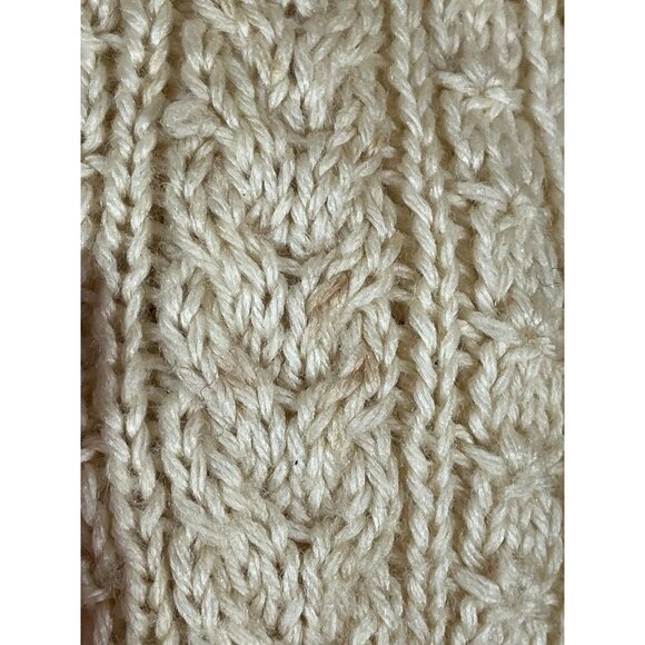 Vintage Cable Knit Sweater L Butter Yellow Leather Button Fisherman Grandpa 80s - Picture 10 of 11